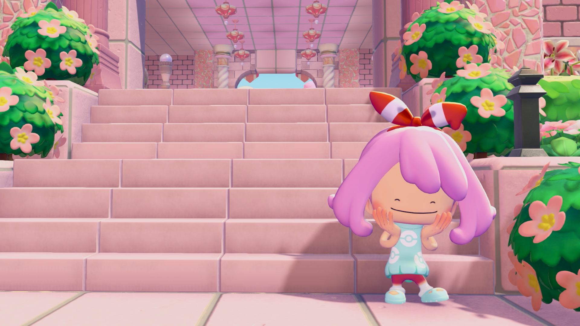 Ellee's pink-haired game character in a flower-filled candy courtyard